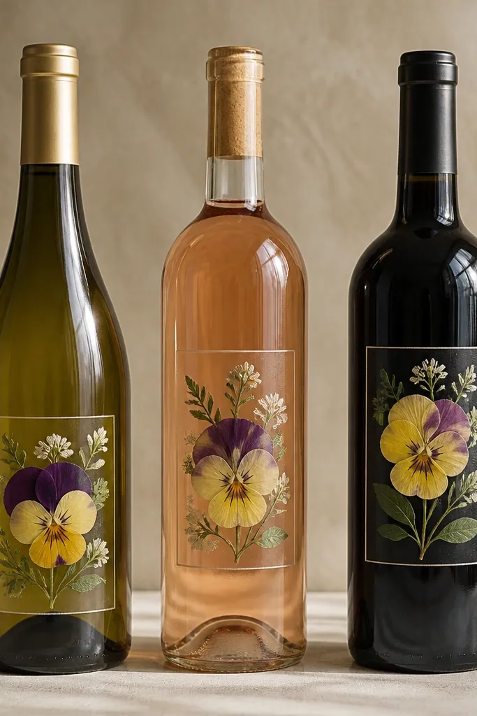 Wine bottles with transparent label rectangles containing pressed pansies and small leaves; labels sit neatly centered on the front.