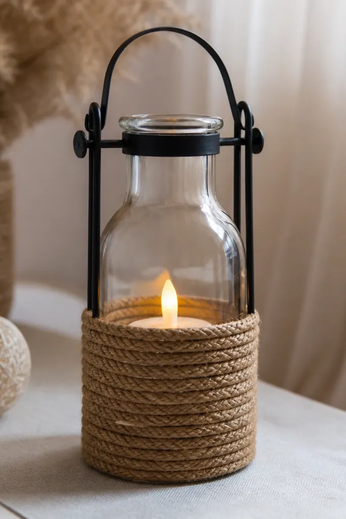 A bottle wrapped in thick jute rope around the middle with a small LED tea light placed inside; the top looks framed like a lantern.