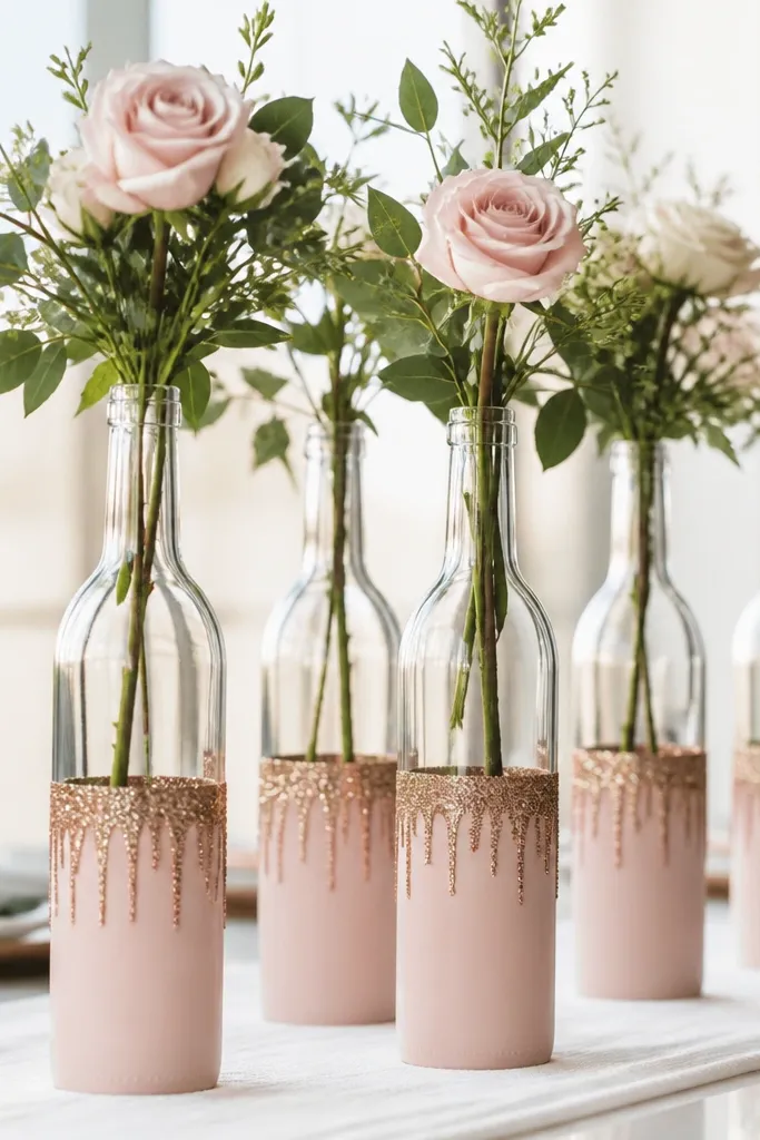 Wine bottles painted matte blush only on the bottom third, with a controlled glitter drip line around the middle; bottles are grouped in a row on a white runner.