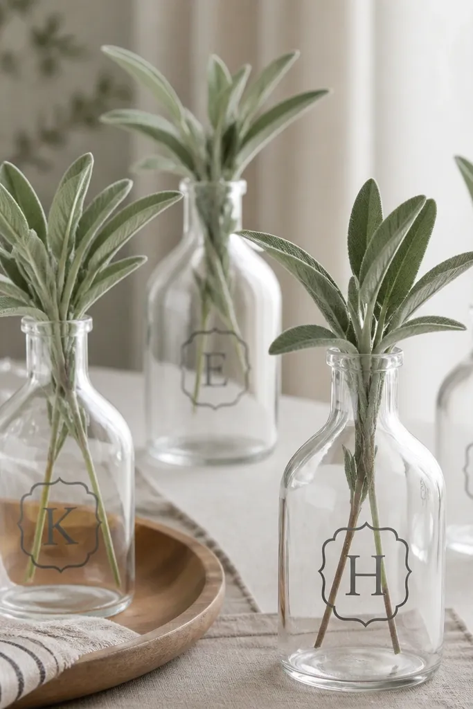Clear glass bottles with a small vinyl monogram sticker on the front and a cluster of sage sprigs inside; the rest of the bottle stays unpainted.