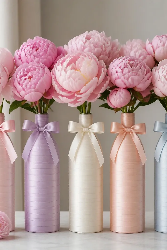 Wine bottles wrapped in narrow satin ribbon with a neat bow at the neck; the ribbon color matches a soft pastel theme and the bottles hold blush peonies.