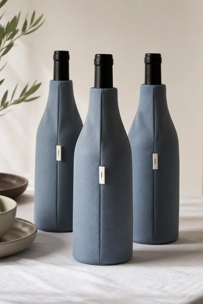 Wine bottles wearing fitted fabric covers in dusty blue cotton, with a hidden closure line and a small tag on the front; they sit on a white tablecloth.