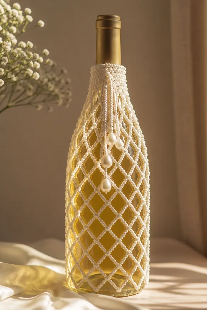 A wine bottle covered in a fine white beaded net wrap, with a few pearl-style drop beads hanging near the neck; the bottle glows slightly under warm light.