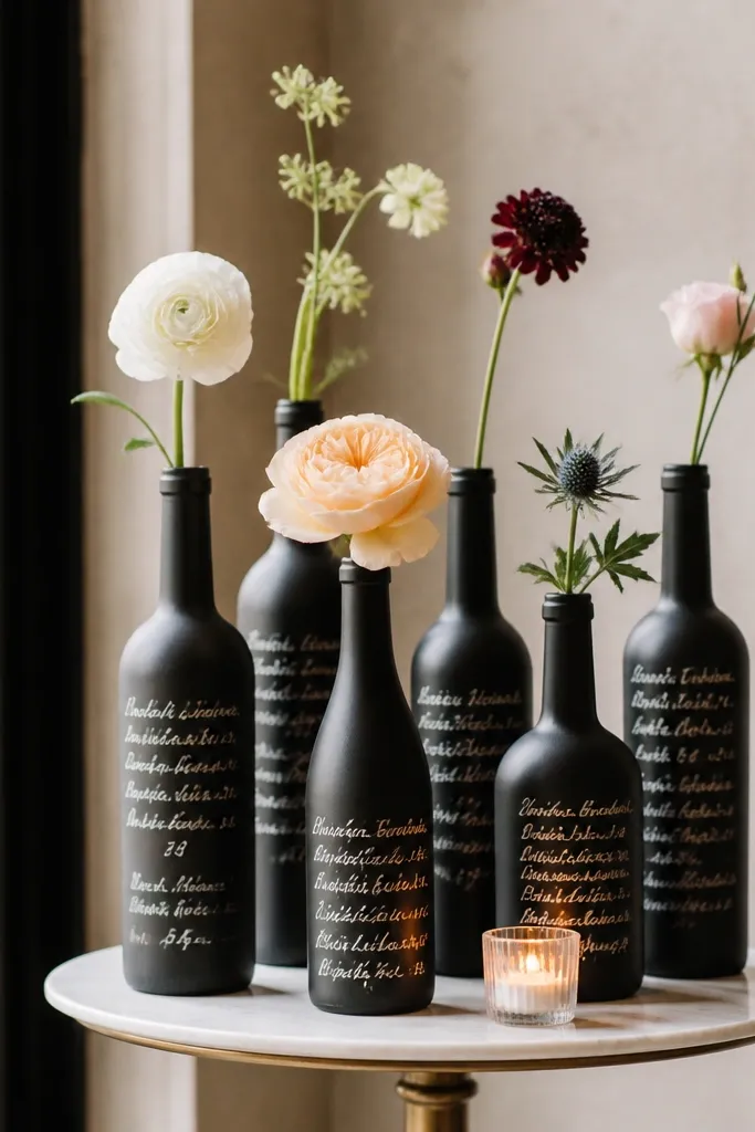 Wine bottles painted matte black with handwritten white text in menu style, and each bottle has a single stem flower; they're grouped on a small cocktail table.