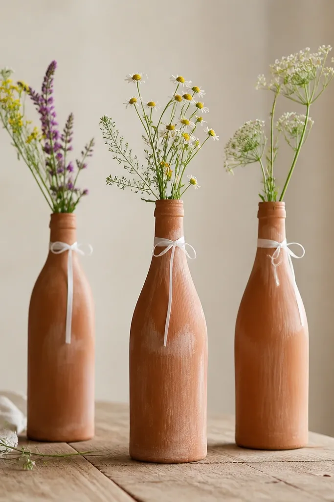Wine bottles with a terracotta clay finish and slight brush texture, topped with a thin white ribbon and small wildflower stems.