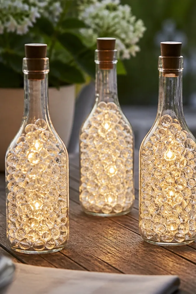 Small wine bottles filled with clear gel-like beads that catch light, each with a tiny solar LED inside; the scene looks like soft glowing vases on a patio table.