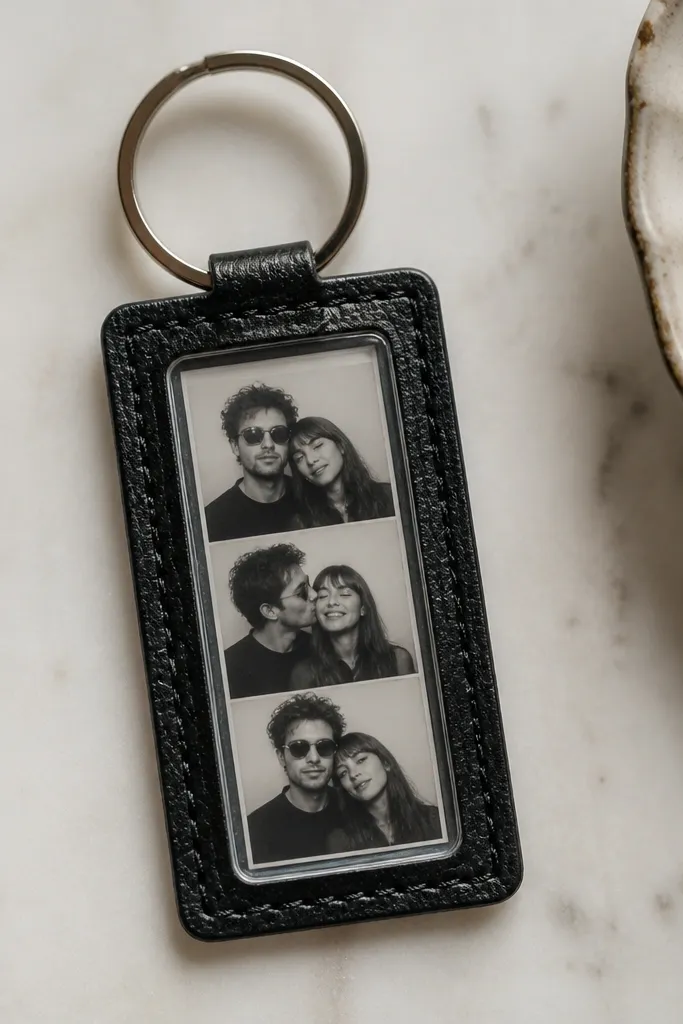 A close-up keychain made from a clear acrylic photo window with a small vintage photo strip inside, mounted on a dark leatherette backing and a metal split ring.