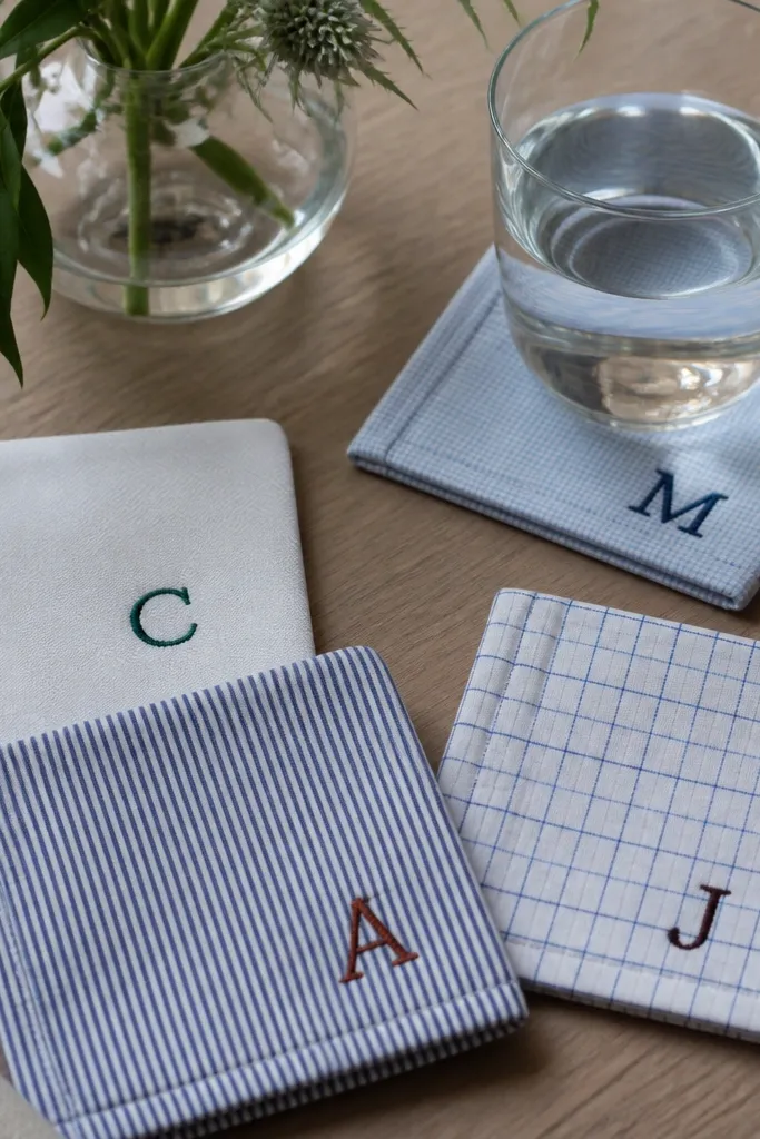 Four fabric coasters made from a man's dress shirt cuffs, each with a stitched initial in contrasting thread and a neat folded edge.