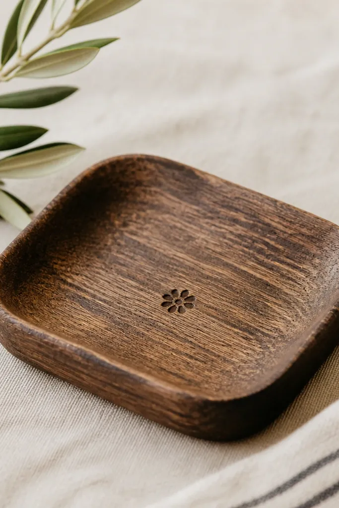 A small shallow wooden dish with rounded edges, made from a pallet slat, with a dark stain and a hand-stamped date near the center.