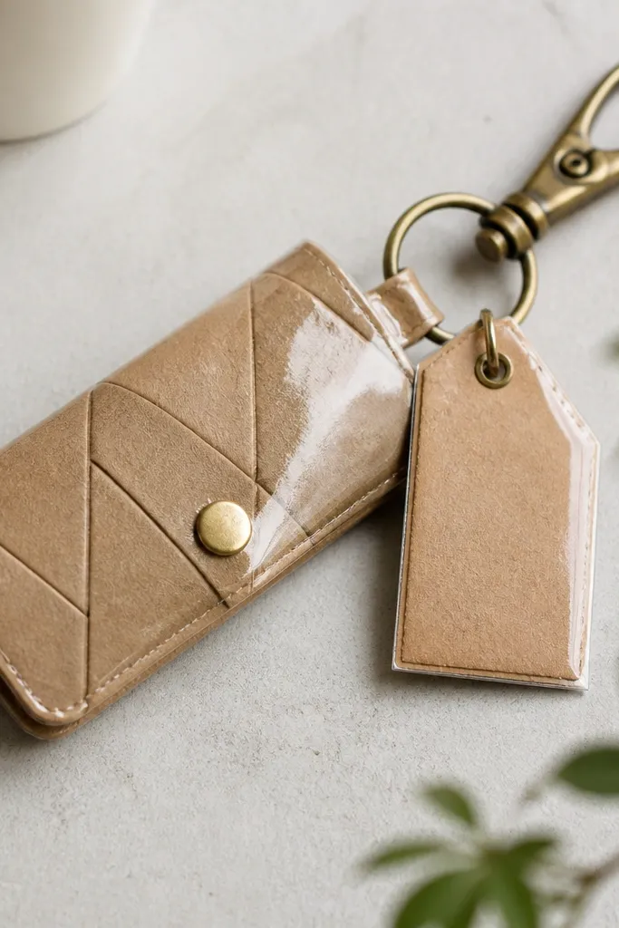 A key fob made from folded coffee sleeve paper wrapped in clear vinyl, with a small tag showing a favorite shop name and a metal clasp.