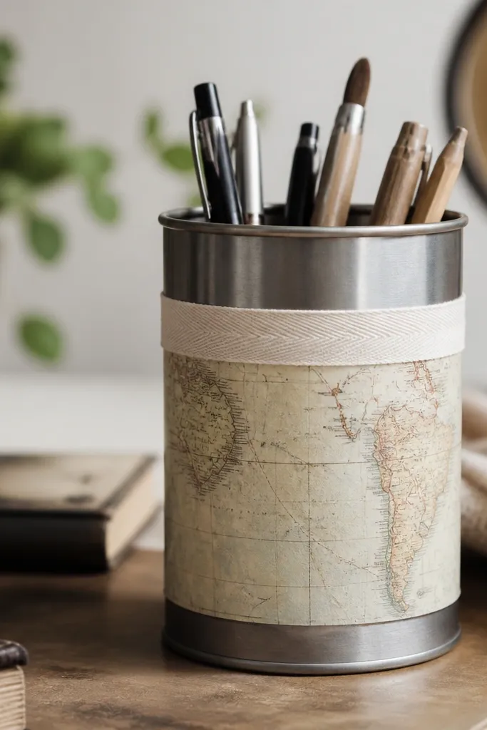 A brushed metal tin pen holder covered with a narrow strip of vintage map paper, sealed under a clear top coat, with a strip of fabric ribbon at the top.