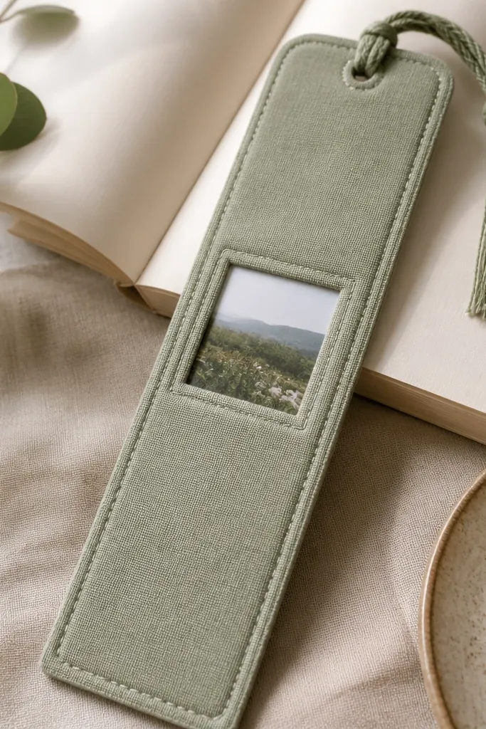 A long fabric bookmark with a small centered photo window, stitched edges, and a tassel corner made from matching thread.