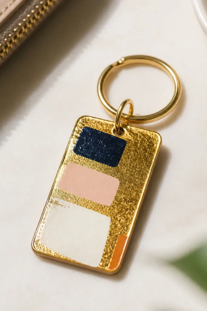 A small keychain tag with a metallic gold foil background, painted block letters, and a clear coat sheen.