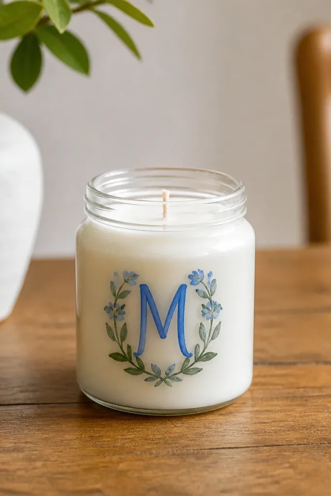 A small glass jar candle labeled with a hand-painted monogram, sitting on a wooden table with a wax wick centered.