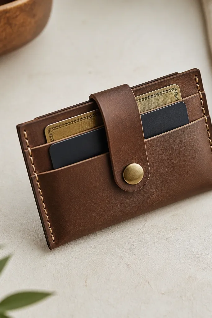 A slim card holder made from a brown leather belt strip, with two stitched pockets and a small snap closure.