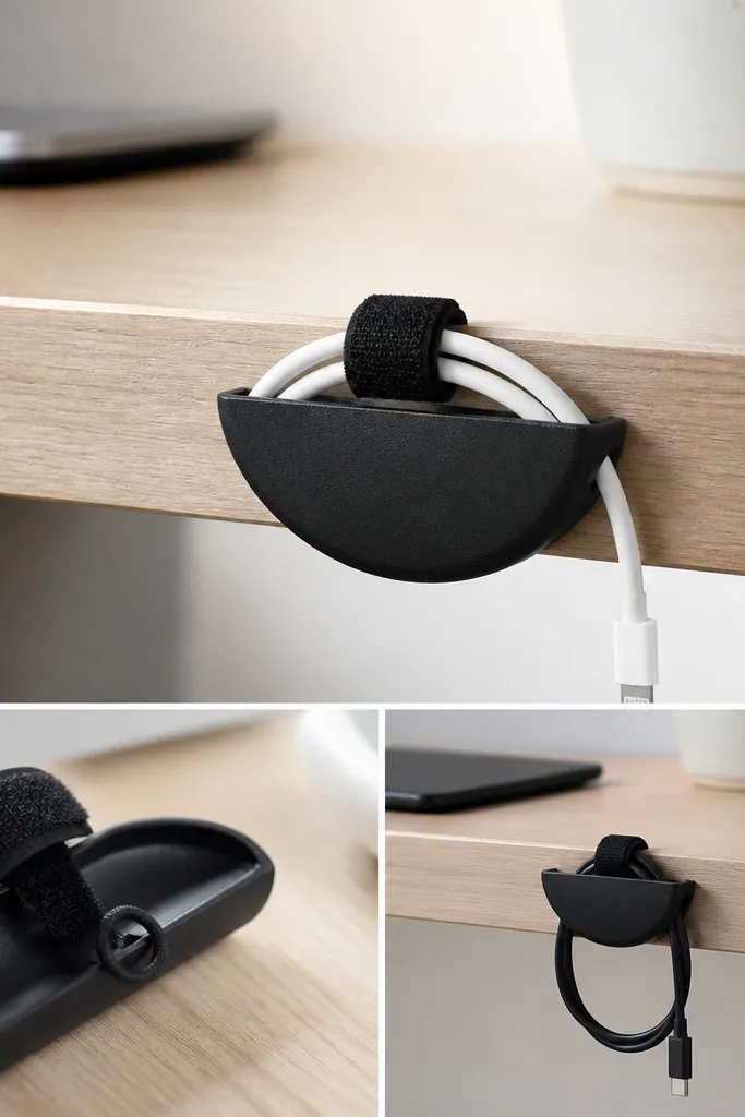 A small desk cable clip made from a hard plastic sunglasses case half, with a Velcro strap and a cable loop.