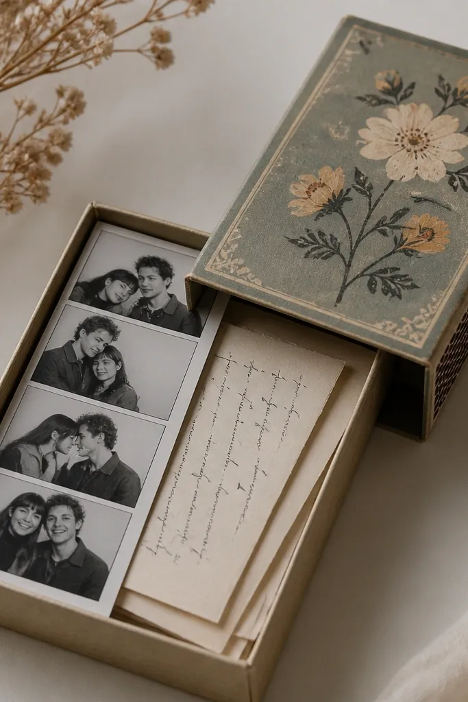 A decorated matchbox with a photo strip inside and tiny handwritten captions on small paper cards.