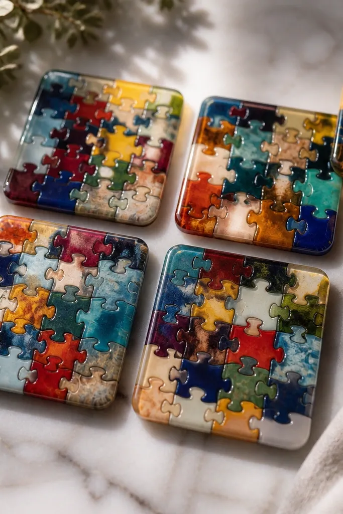 Four coasters made from mismatched jigsaw puzzle pieces arranged in a square, sealed with clear resin, with a smooth glossy finish.