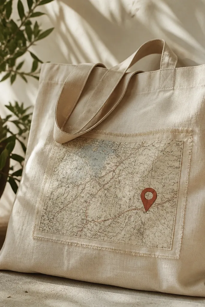 A canvas tote bag with a stitched patch panel showing a small map print and a location pin icon, with frayed edges for a worn look.