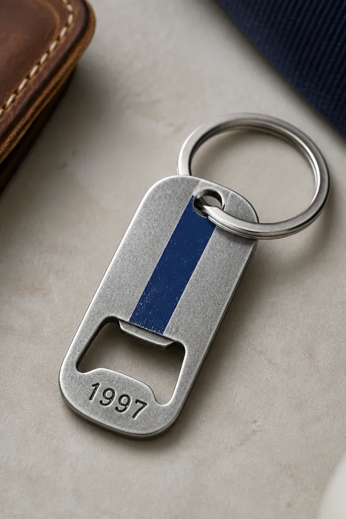 A small metallic bottle opener shaped like a tag, attached to a keyring, with a painted team color stripe and a stamped year.