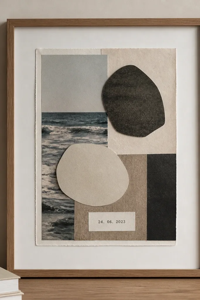 A framed piece with a magazine page collage, two cut-out shapes, and a printed date label, with a white mat border.