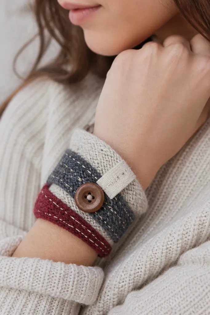 A wrist wrap made from knit scarf scraps stitched into a loop, with a small fabric tag and a button closure.