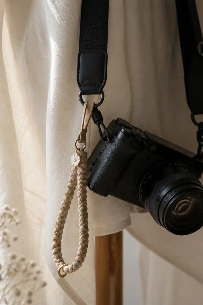 A braided fabric strap with a small charm and a loop attachment, hanging like a lanyard and paired with a camera strap.
