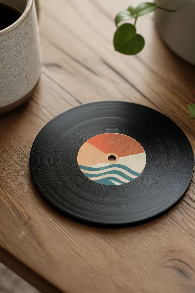 A round coaster made from a vinyl record with a printed label center, sealed with matte clear coat, set on a coffee table.