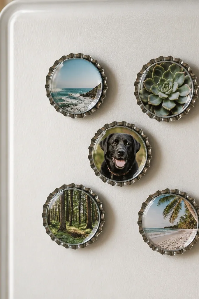 A set of five bottle cap magnets on a fridge, each with a different mini photo and a clear glossy top.