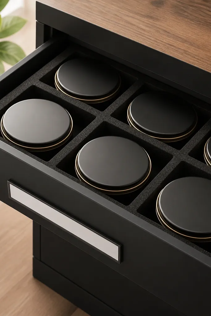 A small drawer organizer with cookie tin compartments and foam dividers, painted in matte black with a label strip.