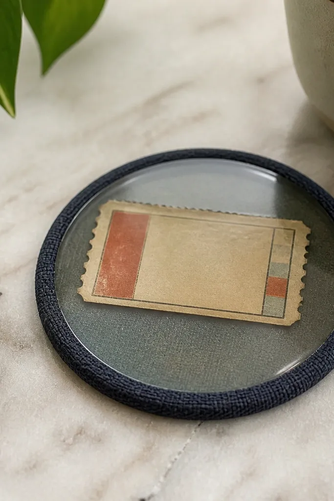 A single coaster made from a sealed ticket stub and clear top layer, with a dark fabric ring around the edge.