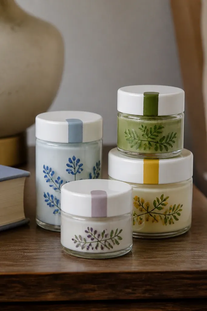 Small glass jars with hand-painted labels and a painted color stripe, arranged together on a nightstand next to a book.
