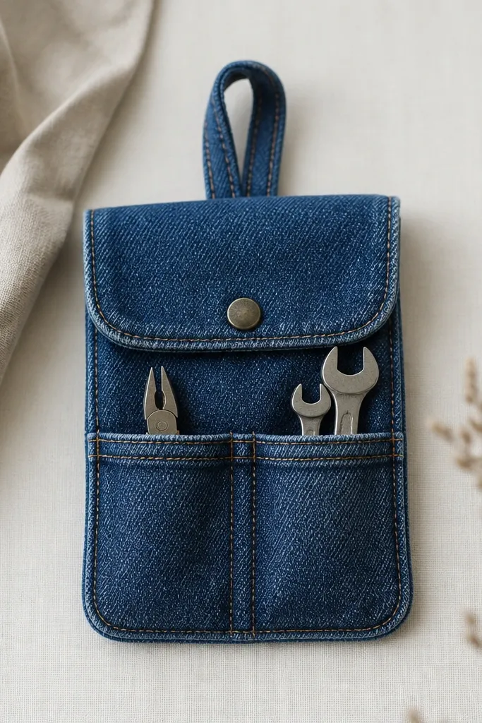 A small tool pouch made from denim with two stitched pockets, a loop for hanging, and a snapped flap.