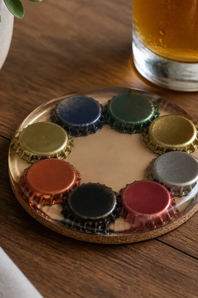 A circular coaster made from multiple beer caps arranged in a ring, sealed under clear resin, with a cork backing layer.