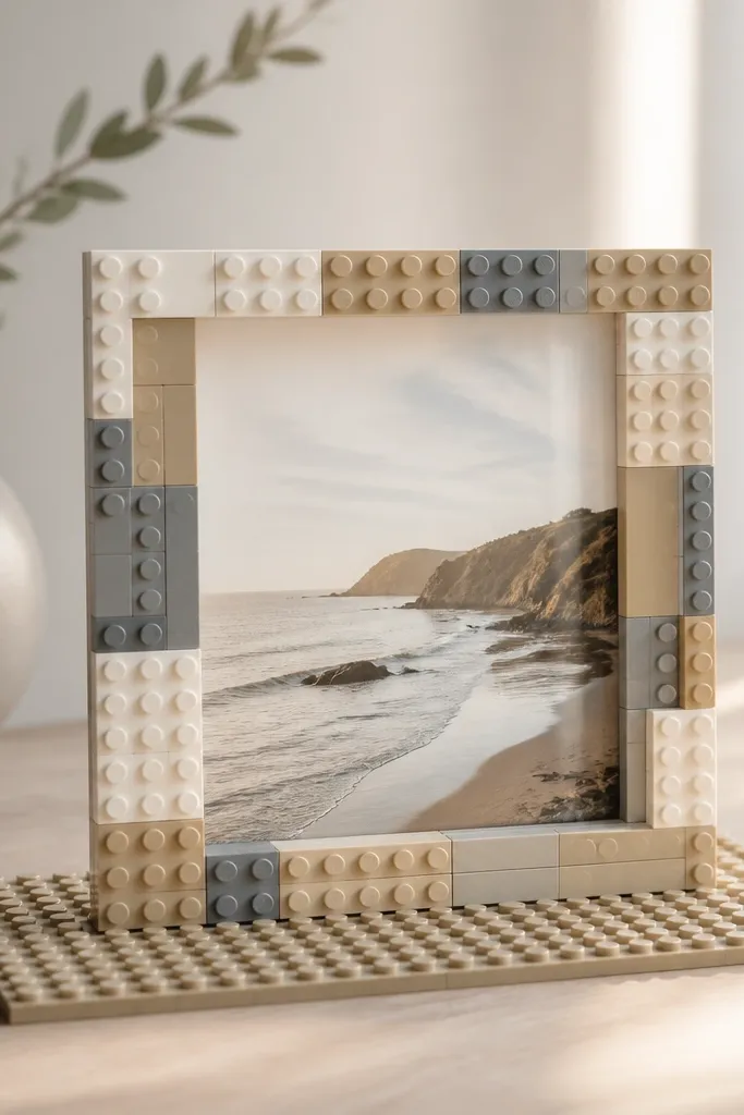 A small photo frame built on a Lego base plate, with a clear photo window and brick border in neutral colors.