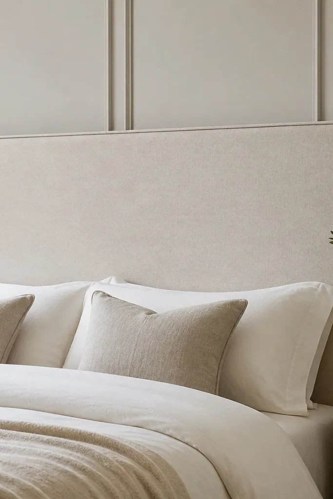 A rectangular headboard covered in light oat linen, with a straight top edge and a clean centered cleat bracket on the back. The front shows smooth fabric panels with no wrinkles, and a thin piping line runs around the perimeter.
