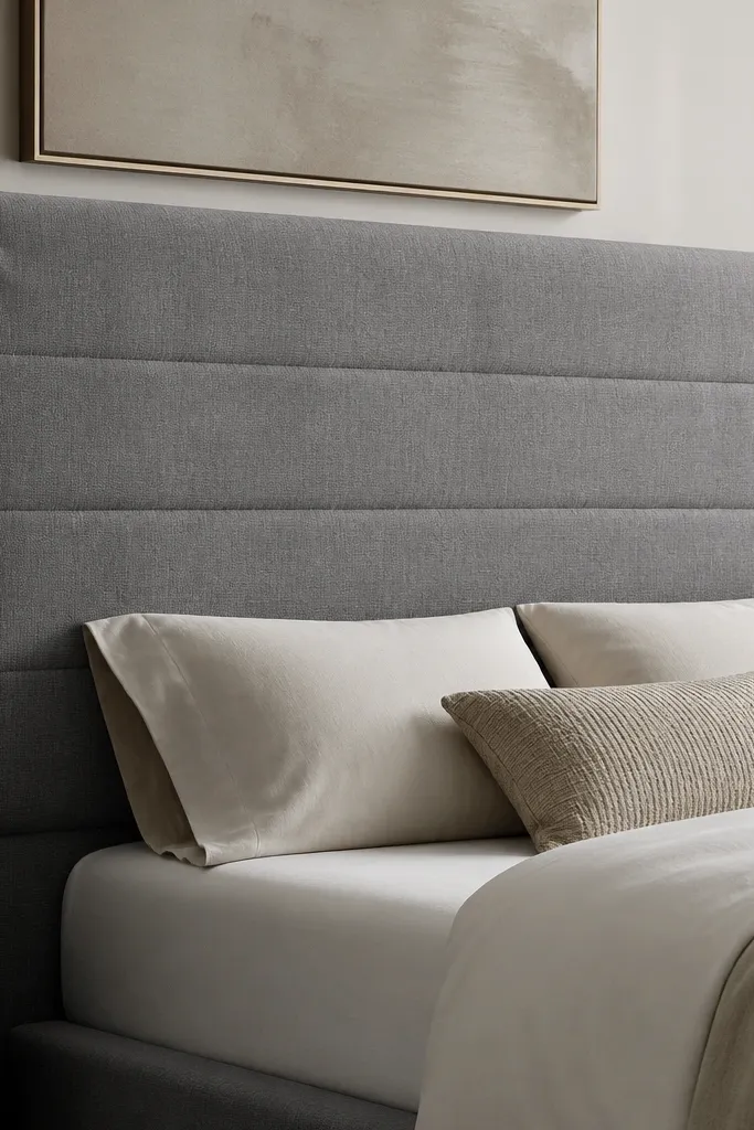 A tall headboard covered in medium gray fabric with a soft, slightly padded look. The corners show small neatly folded fabric tabs, and the front has subtle quilting lines like light channeling.