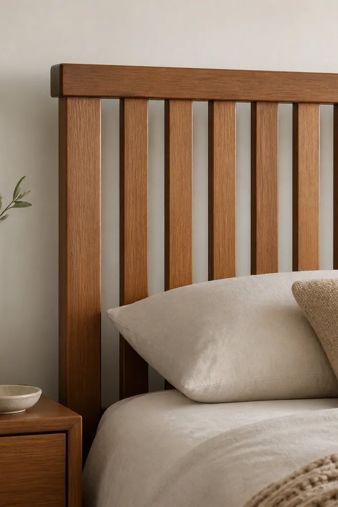 A warm wood headboard made of vertical slats, with 2-inch gaps between them. The finish is satin and even, and the top rail looks straight and slightly wider than the slats.