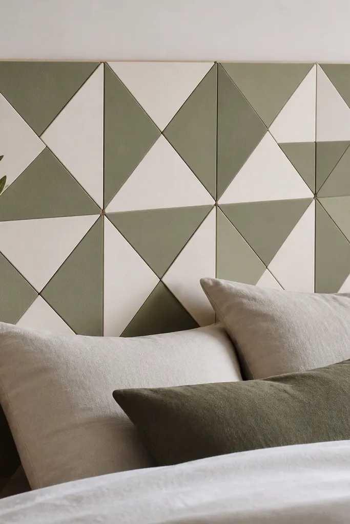 A headboard with a repeating geometric pattern of triangles in two muted colors: sage and off-white. The triangles are mounted on a flat plywood base with crisp edges.