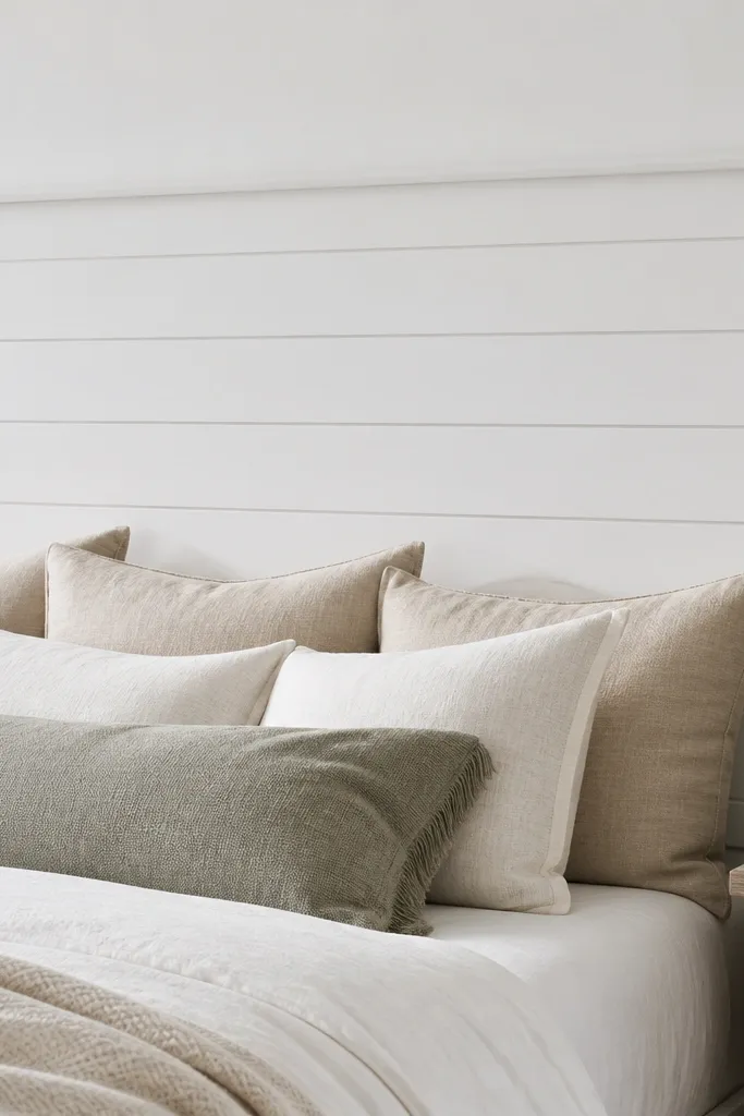 A headboard with horizontal planks that mimic shiplap. The paint is a clean white with slight shadow lines between boards.