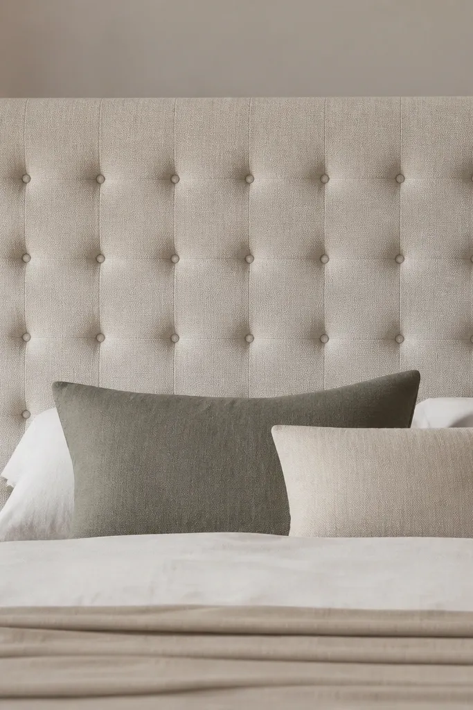 A headboard with evenly spaced tufted dots, each forming a small button-like dimple. The fabric is a medium textured weave, and the tufts sit in a tight grid.