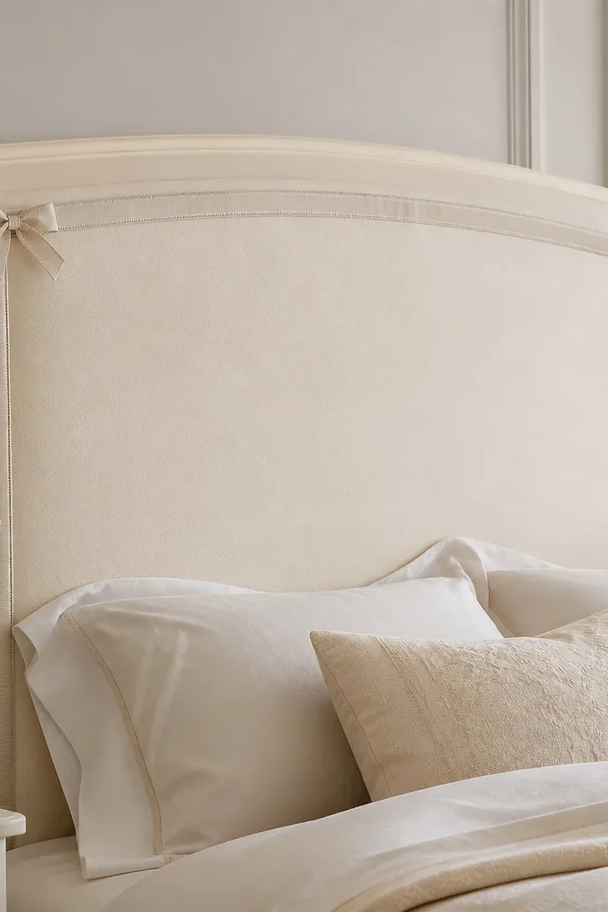 A cream headboard with a framed fabric panel and a ribbon trim border. The corners have small fabric bows tucked neatly.