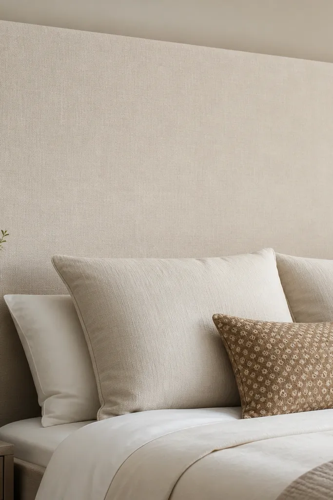 A tall king headboard made from a smooth rectangular panel wrapped in light oatmeal linen. The corners have crisp knife pleats like tailored drapery, and the edges show a clean, straight border with no visible staples.