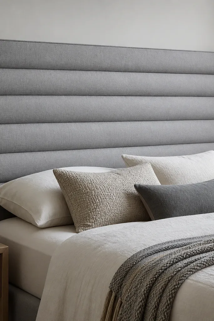 A king headboard upholstered in soft gray fabric with horizontal channel rows. Each channel is evenly spaced, and the top edge has a slightly rounded look with a clean seam line.