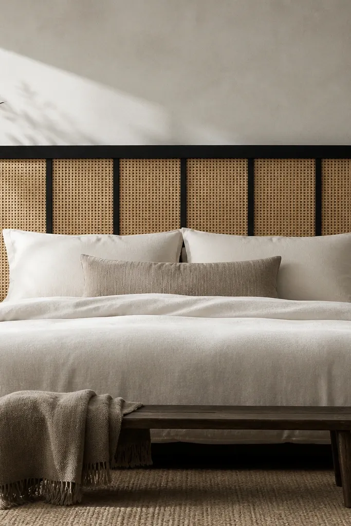 A king headboard with a rectangular wood frame stained deep black. Inside, cane webbing stretches across the center, and thin vertical wood strips create a subtle grid effect.