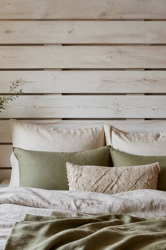 A headboard made of horizontal reclaimed wood slats with visible grain. The slats are white-washed, and the gaps between them are noticeable, creating a striped pattern behind the bed.