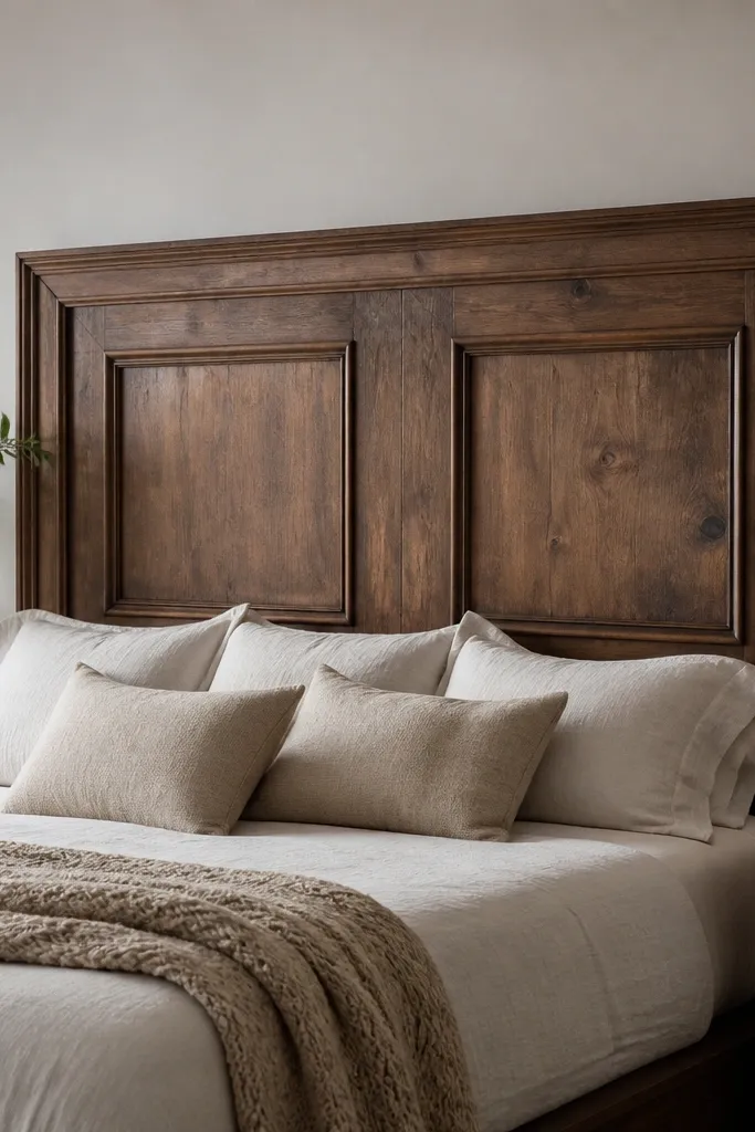 A king headboard built from a single reclaimed door. The wood has a warm medium stain, and decorative trim molding frames the door panels with clean, straight edges.