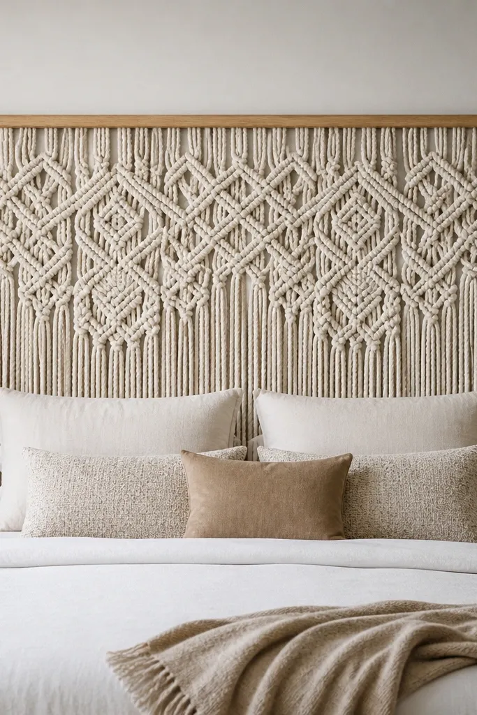 A king headboard that looks like a large macramé wall hanging. Thick off-white rope knots hang in a centered rectangle, attached to a slim oak rail with a clean top line.