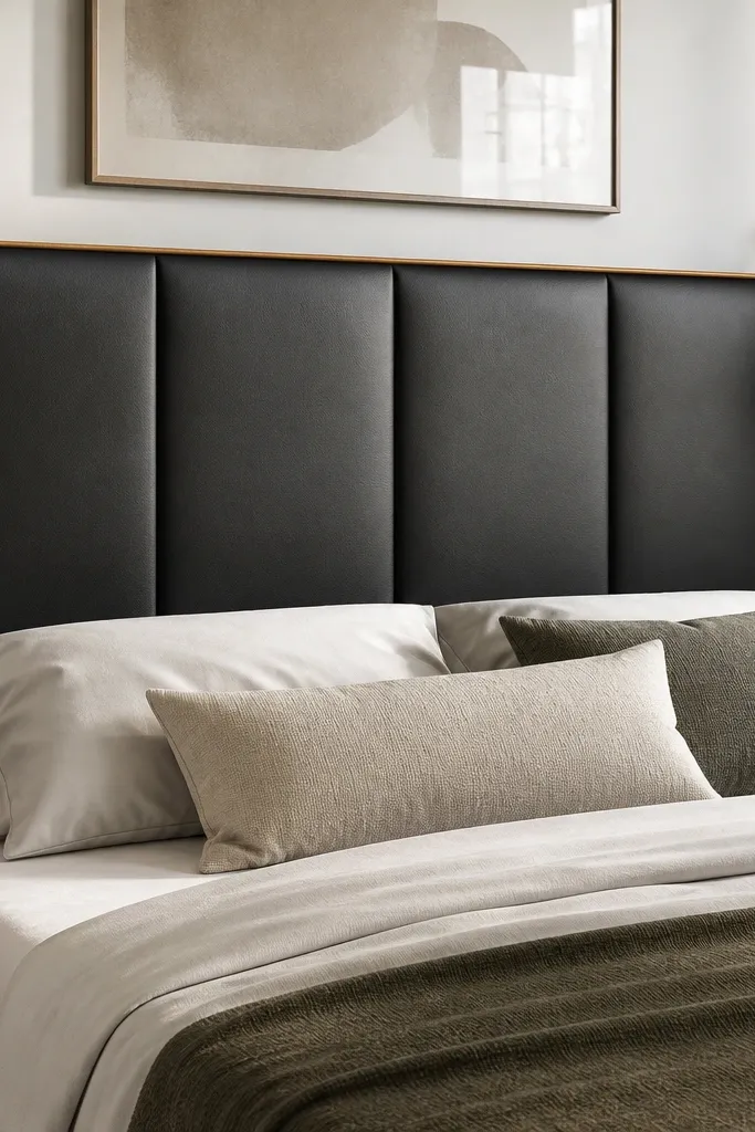 A king headboard upholstered in black faux leather. The surface is smooth with subtle paneling, and a contrasting tan seam trim runs around the perimeter like tailored upholstery.