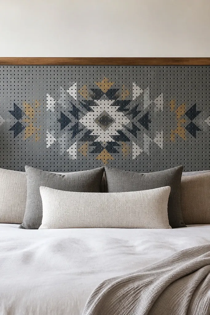 A king headboard made from gray pegboard. A stencil design sits in the center, painted with layered spray colors, and the edges are finished with a simple wood frame.